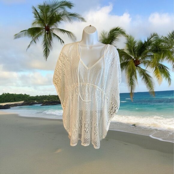 Womens White Crochet Beach Cover-Up Drawstring Waist V-Neckline Beach Coastal - Picture 1 of 7